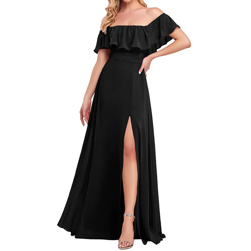 Prom Dress Women Party Long Wedding Guest Chiffon Off Shoulder High Waist Slit Maxi Dress Floor Length Wrap Waist Evening Gown - view 5