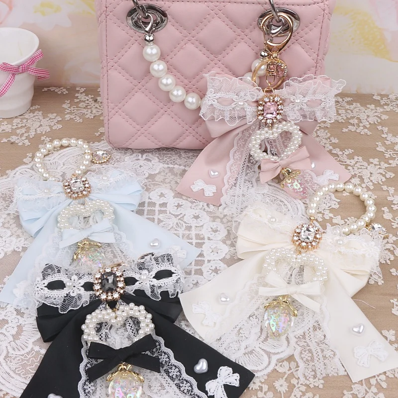 Ita Bag Bow Ornament Chic Pearls Chain Keychain Handbag Pendant Sweet Lace Whimsical Strawberry Bow Decoration Bags Accessories