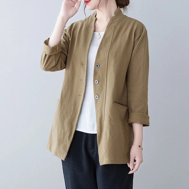 

Casual Elegance plus Size Long Sve Stand Collar Suit Jaet Women Spring Autumn Loose Fit Pure Color Versatile Slimming Top