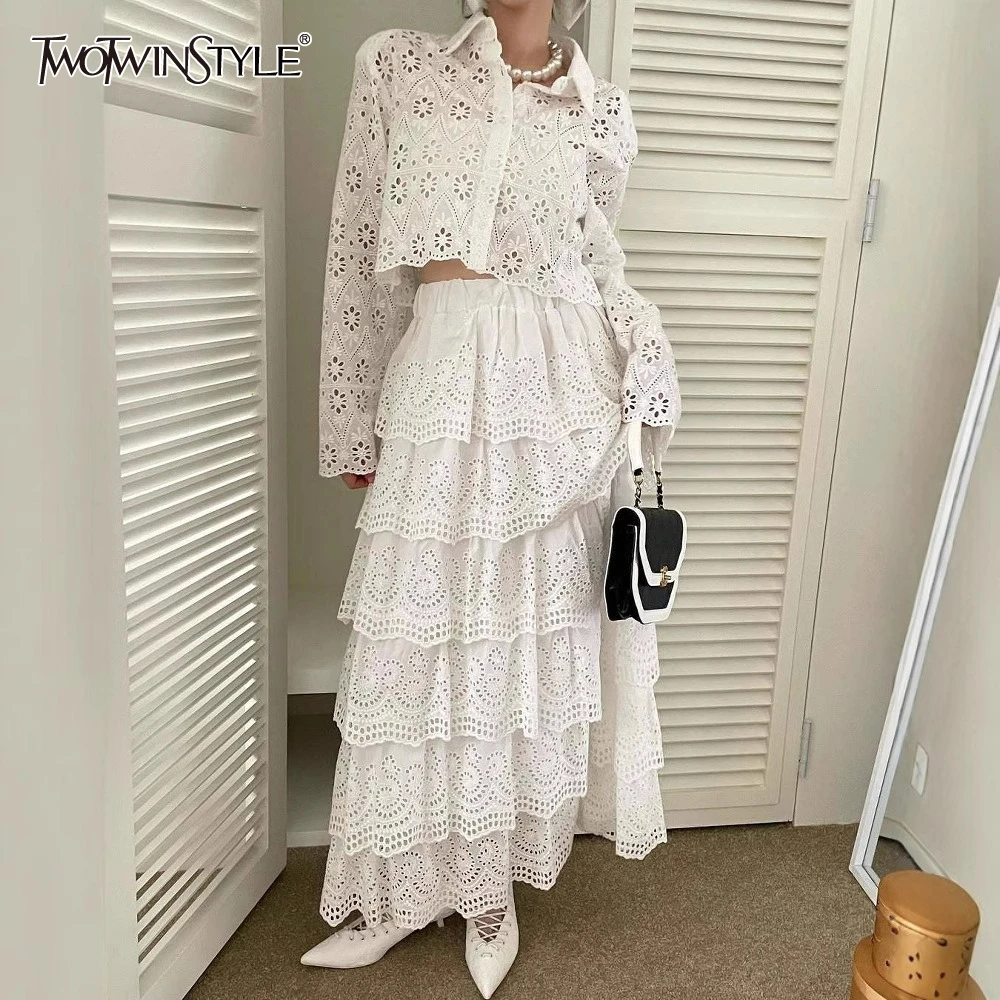 

TWOTWINSTYLE Solid Hollow Out Two Piece Set for Women Lapel Long Sleeve Top High Waist Temperament Skirt Sets Female New