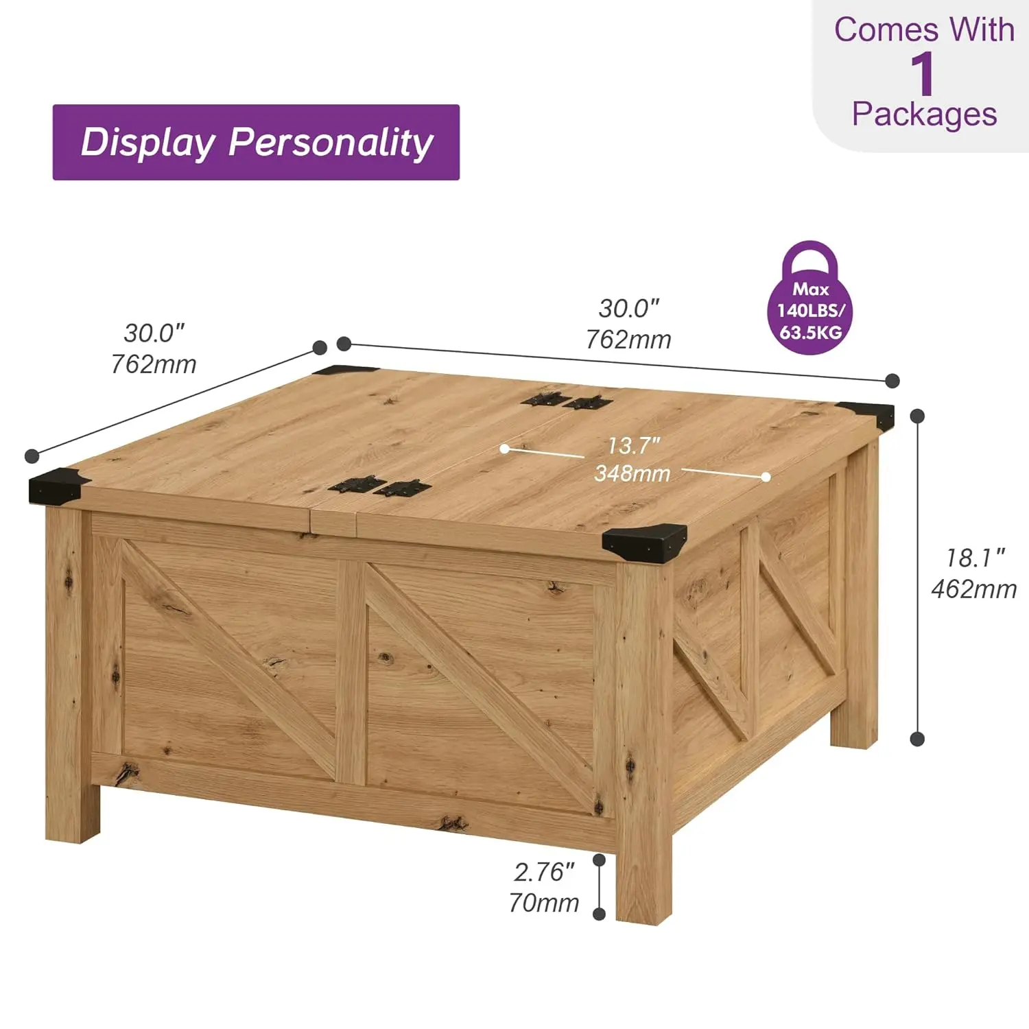 Square Farmhouse Coffee Table With Storage For Living Room, 30x30 Inch Wooden Dining Center Table With Gas Spring Flip-Top For