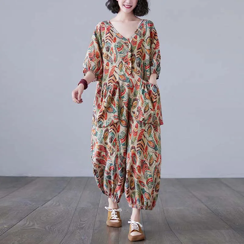 

Krismile женский художественный этнический комбинезон с принтом перьев, брюки-фонарики с v-образным вырезом, свободные весенне-летние каникулы, повседневные, цельный