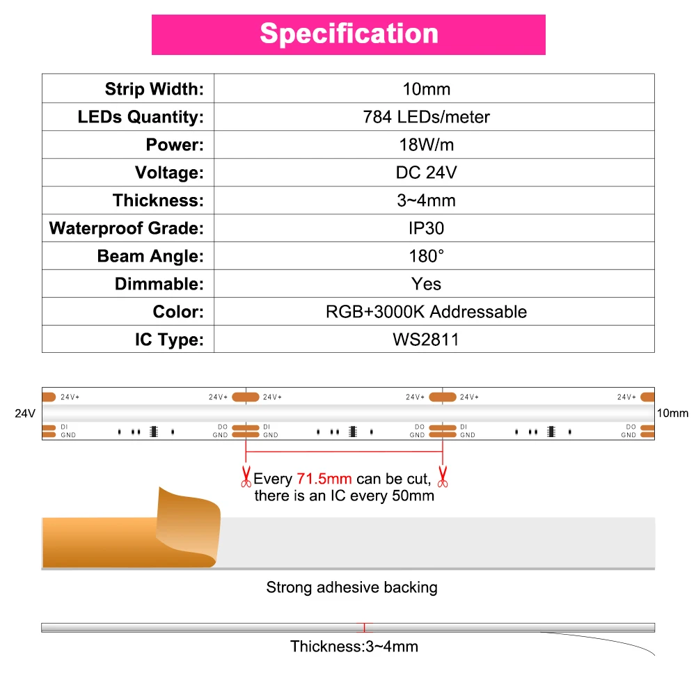 RGBW Addressable COB LED Strip 24V SPI RGBIC+3000K LED Strip RGBWW IC Dream Color LED Light Strip RGBIC LED Ribbon Room Decor