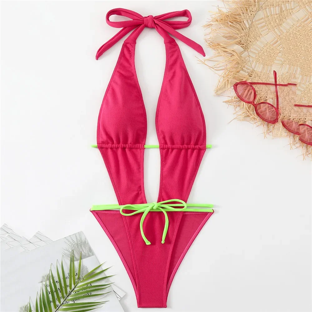 Sexy Rose Red Ribbed Halter Backless Swimwear One Piece Swimsuit Woman 2025 Hollow Out Monokini High Cut Bathing Suit Swim Wear