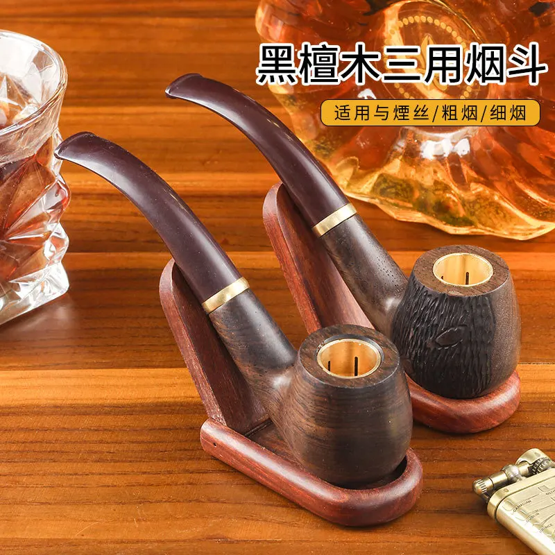 

9mmBlack Ebony Wood Smoking Pipe Thick and Thin Tobacco Three-in-One Copper Pot Brown Mouthpiece Solid Wood Traditional Old Styl