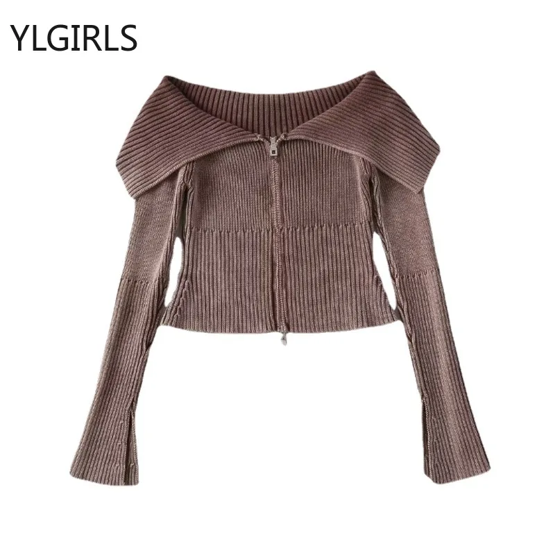 

2024 Autumn for Women Crop Tops Vintage Korean Retro High Street Gradient Sweater Cardigan with Zipper Knit Jacket Tops