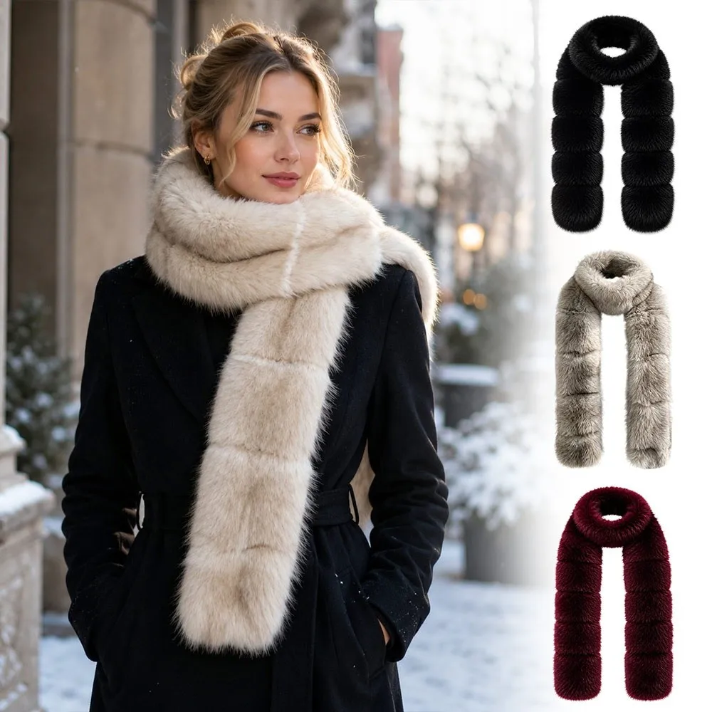 New Faux Fox Fur Scarf Double-sided Solid Long Scarf Neck Protection Soft Texture Neck Scarf Winter Accessory