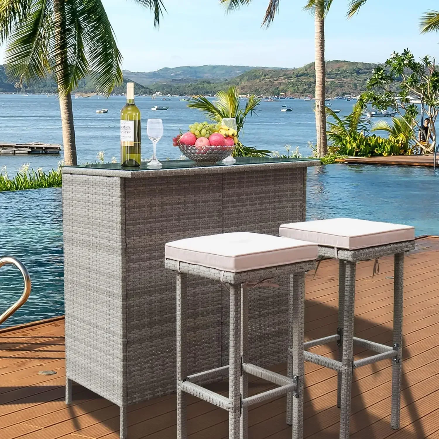 

3PCS Patio Bar Set with Stools and Glass Top Table Patio Wicker Outdoor Furniture with Beige Removable Cushions for Backyards