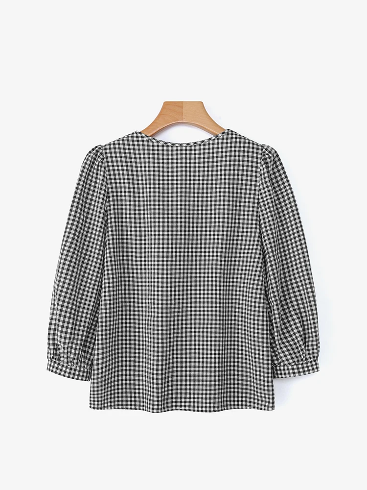 VONDA Fashion Women Plaid Tops Autumn Blouse 2025 Elegant Square Collar Lace Office Lady Korean Shirts Casual Loose Blusas Femme
