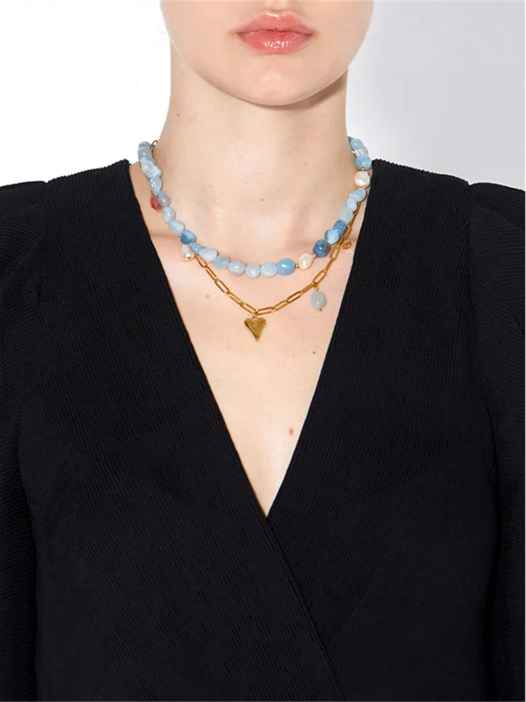 2022 New original Aquamarine natural stone pearl necklace simple design exquisite personality female necklace