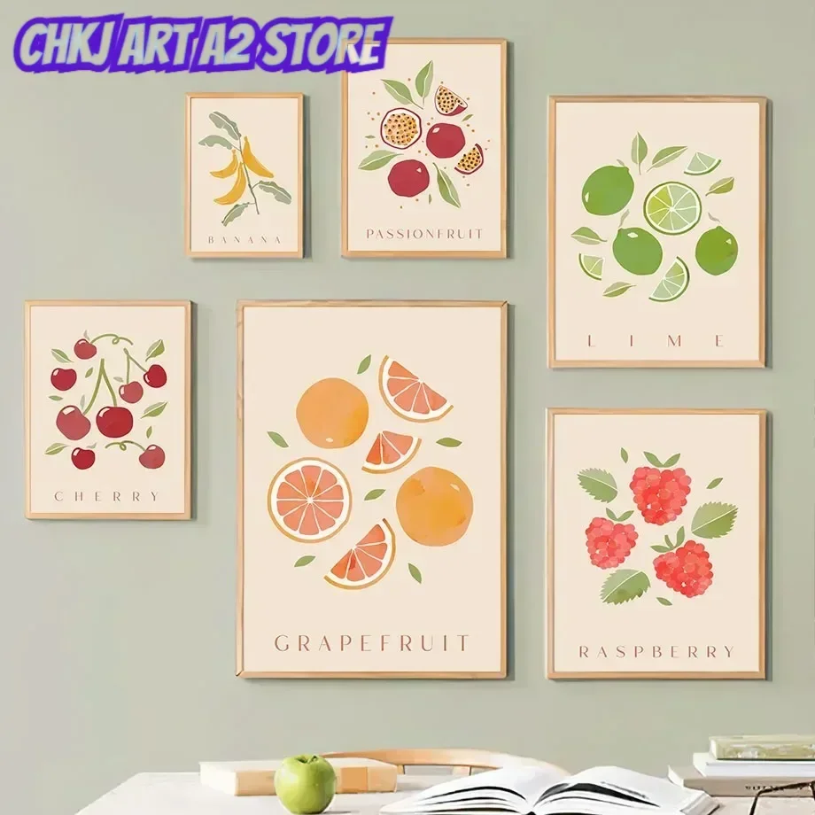 Grapefruit Raspberry Cherry Banana Lemon Posters And Prints Canvas Painting Nordic Wall Art Pictures For Kitchen Room Decor
