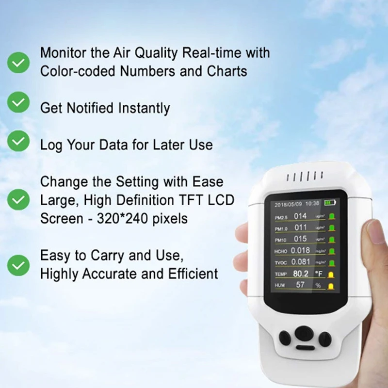 Smart Real-Time Air Quality Monitor Formaldehyde TVOC PM2.5/1.0/10 Temp Humidity AQI Index Detector Portable Air Analyzer Sensor