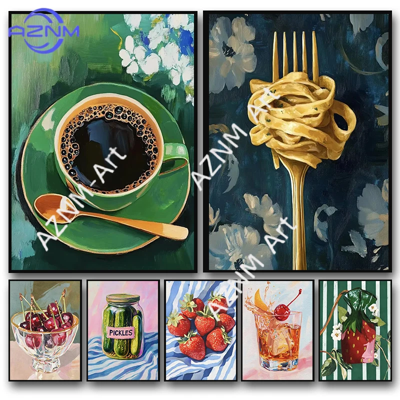 Retro Kitchen Trendy Wall Art Pictures Food Citrus Oranges Pasta Pickles Jar Poster Print Canvas Painting Home Decor Foodie Gift