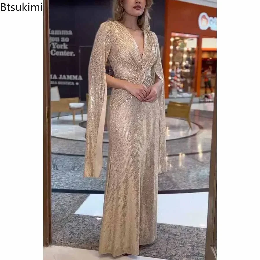 

2024 Women's Elegant Party Gown Sexy Deep V Sequins Slim Maxi Dress Fashion Twist Knot Waist Split Sleeve Design Evening Dresses