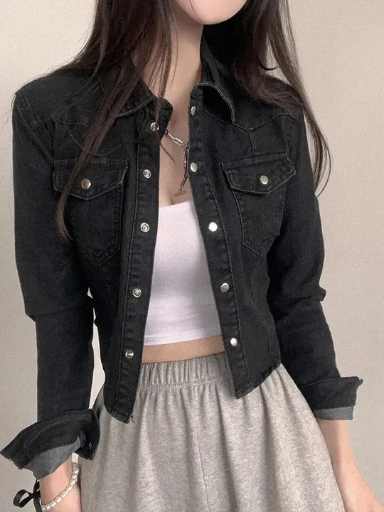 Chaqueta Corta de Mezclilla de Estilo Coreano Retro con un Solo Botón para Mujer, Moda Otoñal, Talla Pequeña, Juvenil, Manga ...
