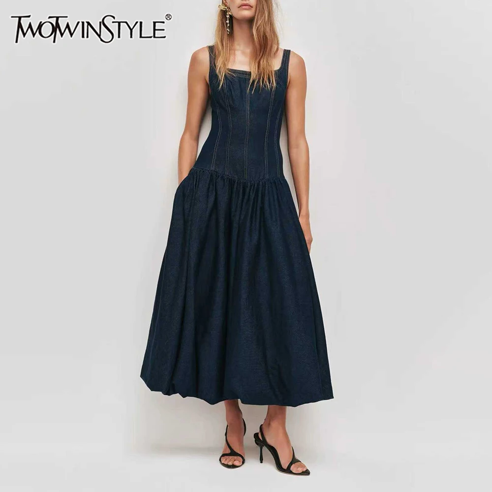 TWOTWINSTYLE Solid Slimming Minimalism Dress for Women Square Neck Sleeveless Patchwork Folds Midi Dresses Female Fashion New