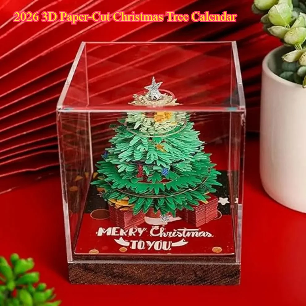 Calendario de árbol de Navidad con corte de papel 3D 2026: decoración de escritorio con notas en inglés, decoración festiva de escritorio y idea de regalo