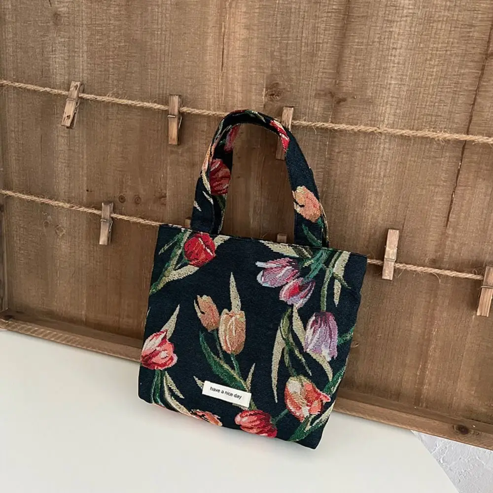 Vintage Flower Clutch Purse Household Tulip Flower Printed Vintage Shoulder Bags Handle Portable Retro Flower Handbag Travel