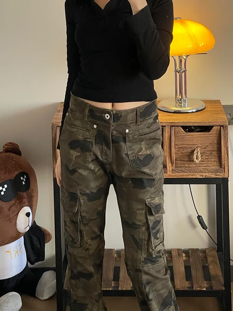 Pantalon en jean de travail américain à taille basse pour femme, coupe slim, camouflage, leggings droits, automne-hiver, petite taille, évasé...