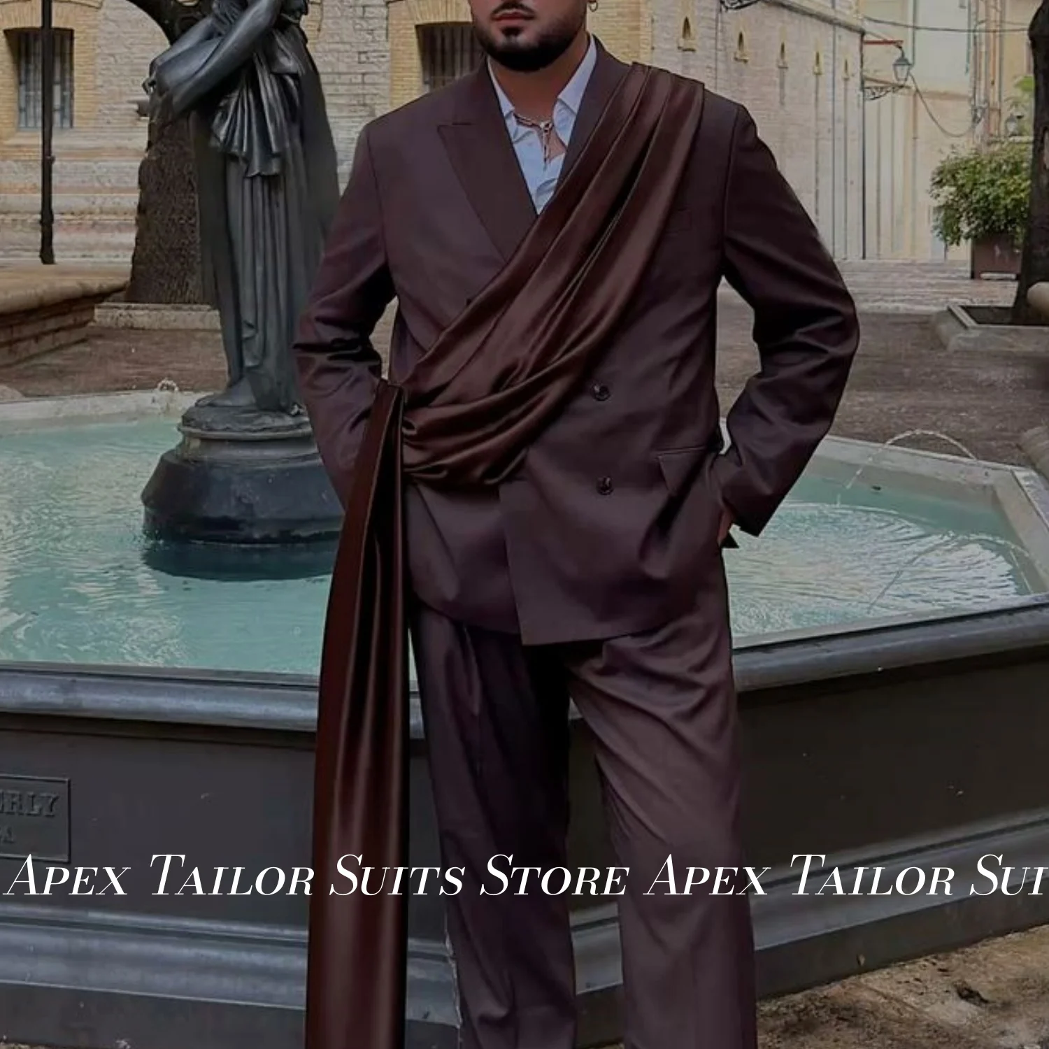 Suits for Men Double Breasted Suit 2 Pieces With Satin Shawl Dark Brown Blazer Pants Set Wedding Groom Formal Party Wear