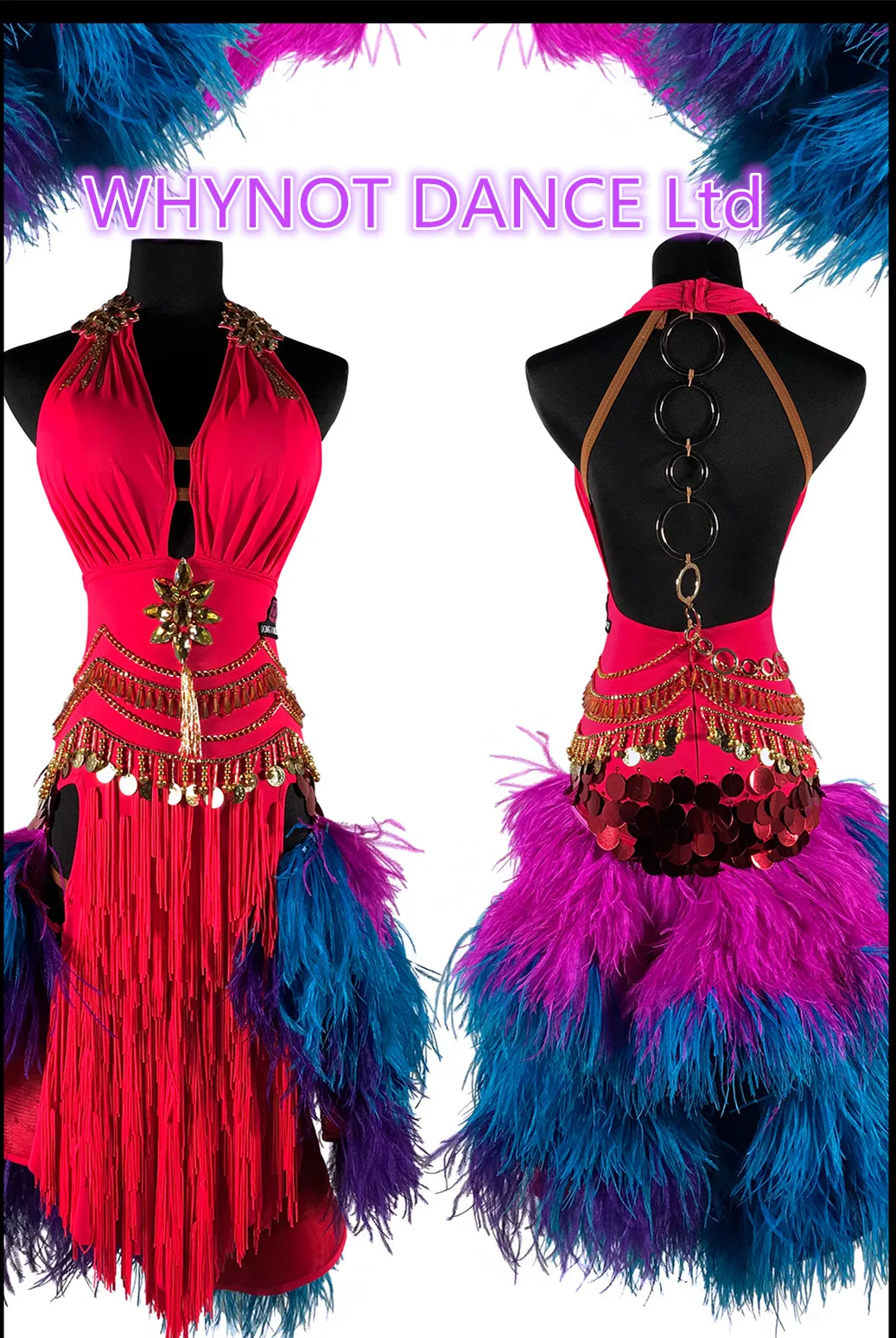 WHYNOT DANCE Ostrich Feather Sequin Red Customized Latin Dance Dress  Competition  Party Clothes Fast Free Shipping