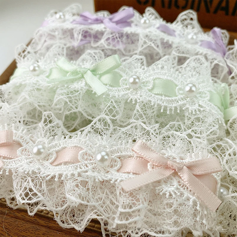 Pearl Bead Bow Ruffled Lace Ribbons