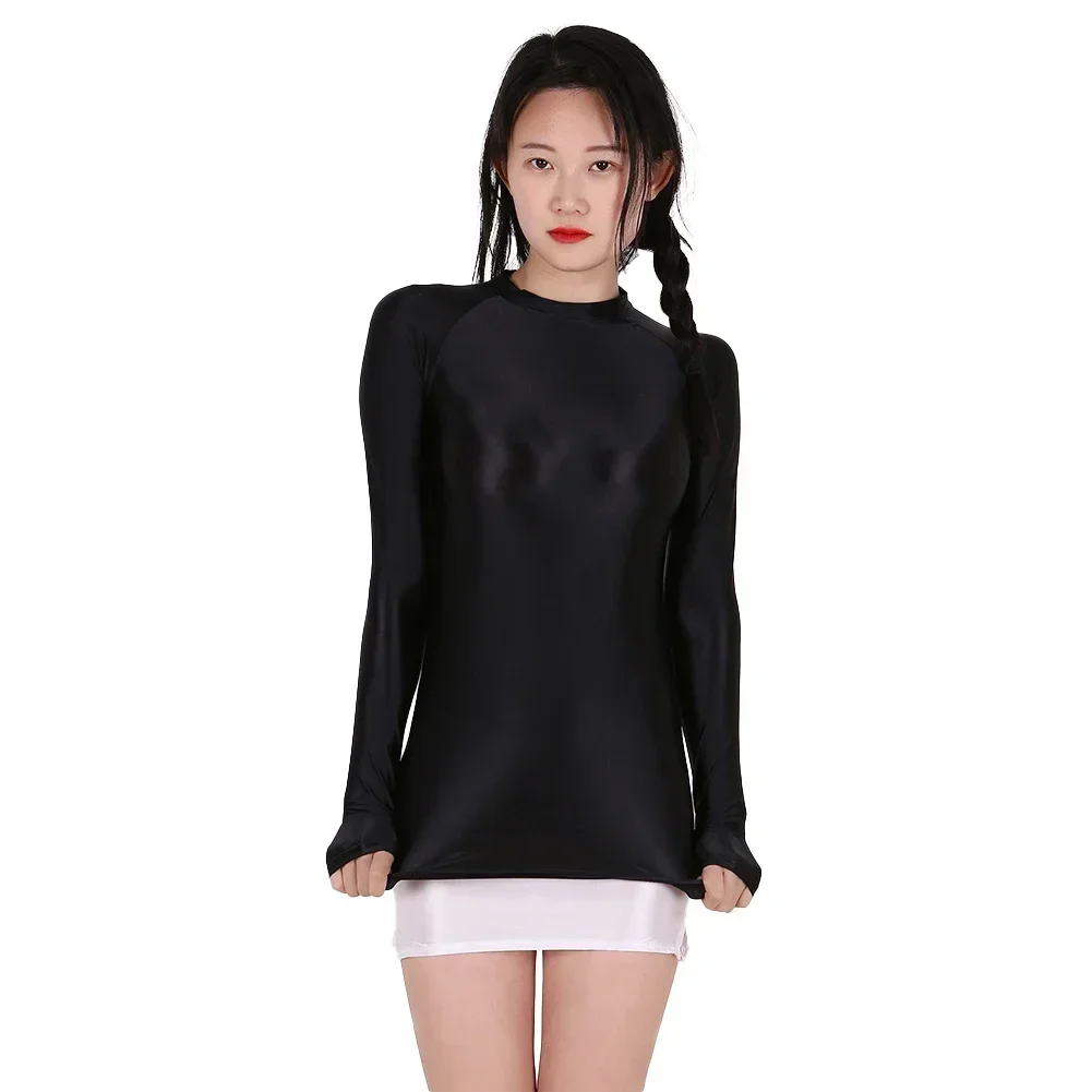 New Oil Shiny Glossy Bodycon T-Shirts Transparent Long Sleeve Slim Tight Yoga Gym Stretch Tees Top T Shirt Clothing For Women