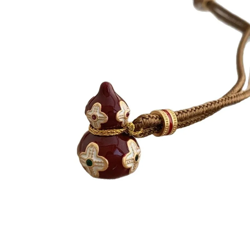 Chinese-style Red Drip-Enamel Gourd Necklace Vintage Knitted Cotton Cord Long-Length Sweater Chain Accessory for Autumn & Winter
