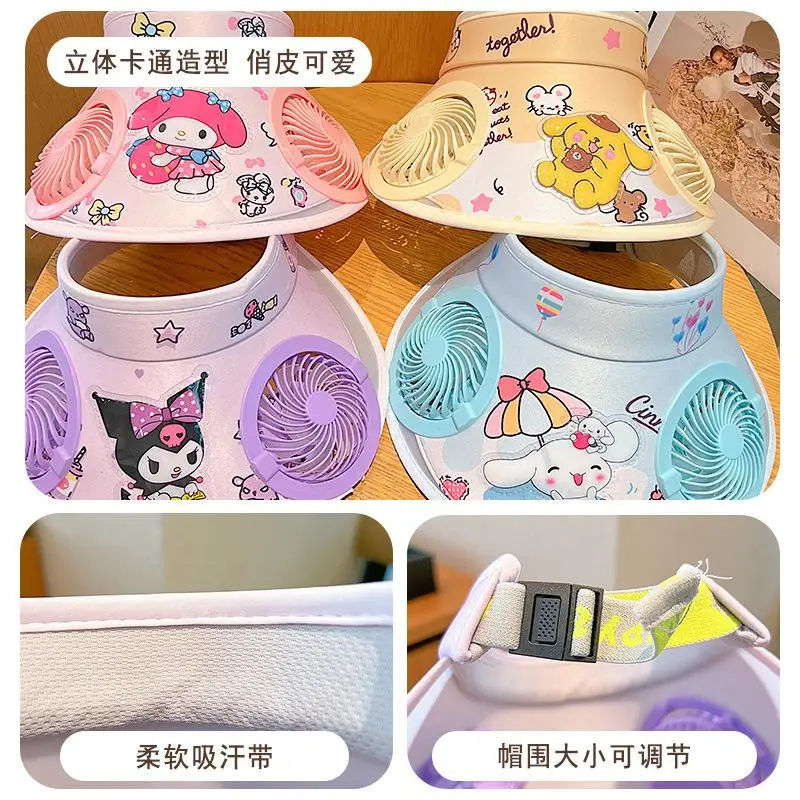 

Two Thousand and Twenty-Five New Sanrios Hello Kittys Kuromi Dual Fan Sunshade Hat Sunscreen Hat Cute Rechargeable Festival
