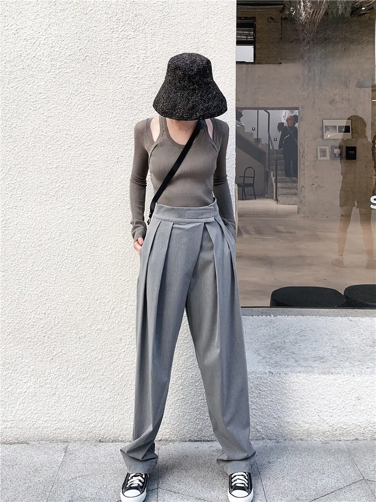 

ay Casual Harlan Women's Wide Leg Pants High Waist Straight Cut Workwear Sle Street Faion Long Floor Length Trousers