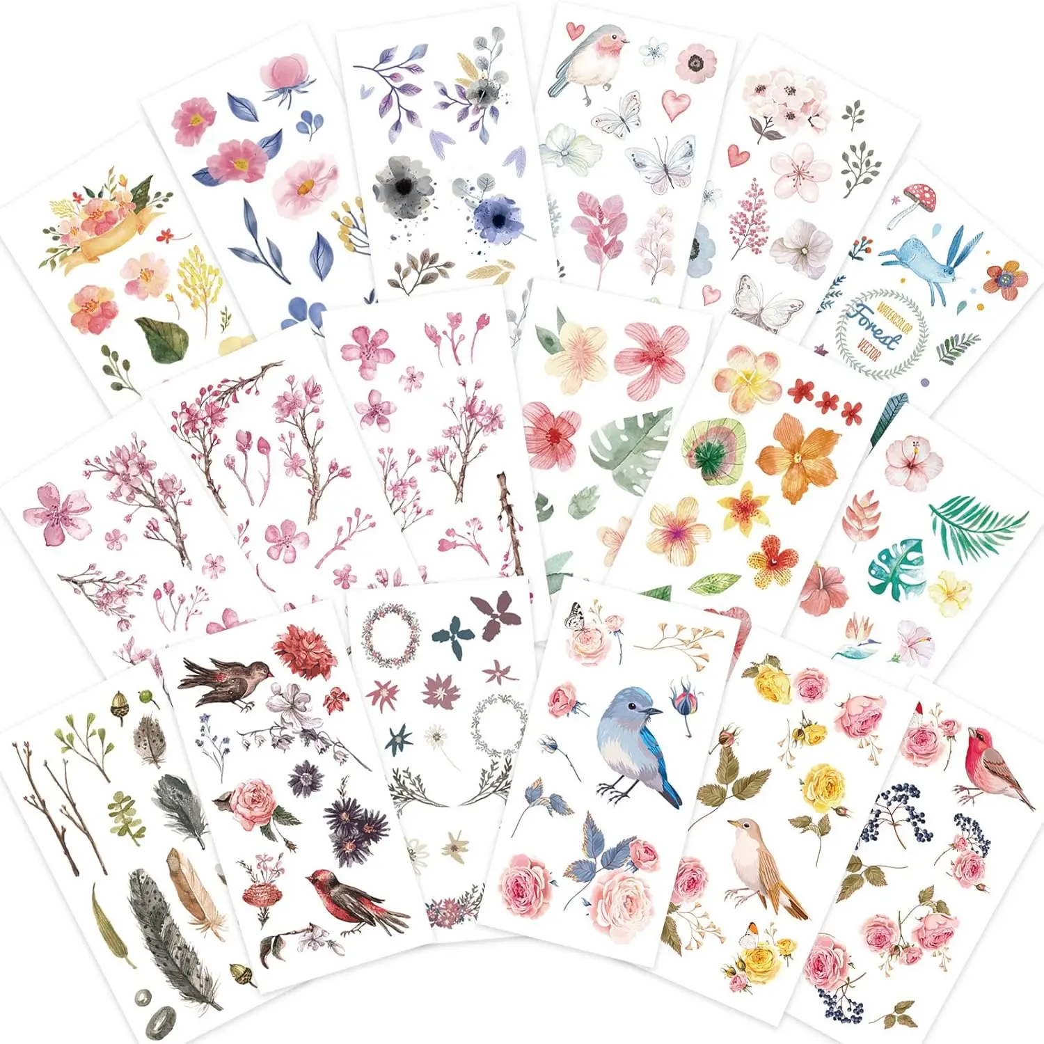 

Watercolor Birds & Flowers Stickers Set - 230+ Nature Themed Decals for Scrapbooking, Journaling, DIY Crafts