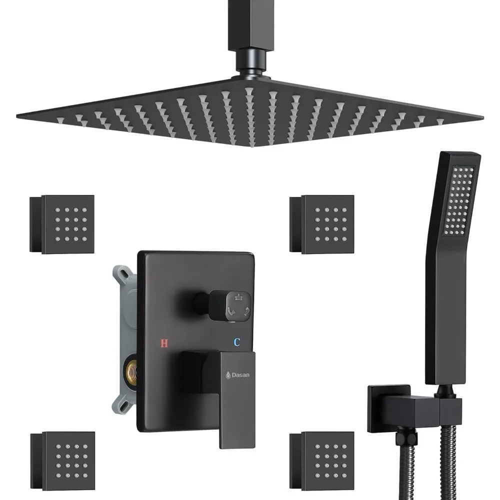 

Dasan Full Body Shower System: 4-Piece Shower Body Spray Jets, 12-Inch Ceiling Shower Head, and Handheld Spray