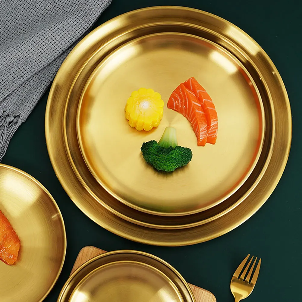 

6pcs Gold Tray Round Stainless Steel Plates Dishwasher Safe Vintage Serving Plate For Kids Snack Camping Kitchenware