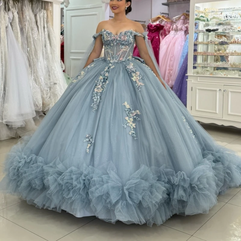 

Sea Blue Shiny Quinceanera Dresses Off The Shoulder Sequin Applique Lace Beading Crystal Bow Tull Party Birthday Sweet 16 Dress
