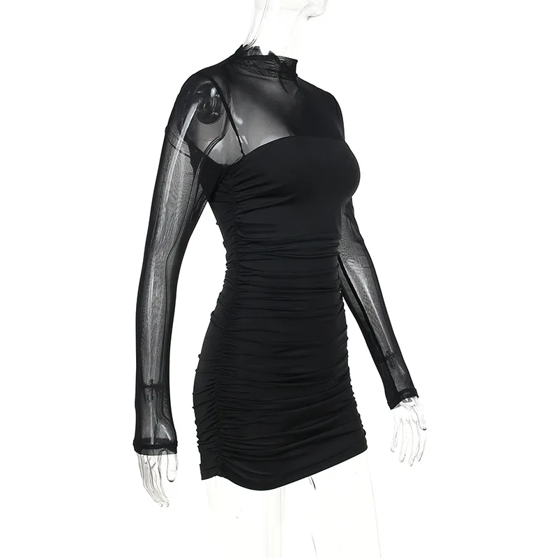 Sehen Durch Schwarz, Figurbetontes Kleid Für Frauen Kleidung Schlank Sexy Streetwear Langarm Vestidos De Mujer Patchwork Mode Outfits – Detail 11