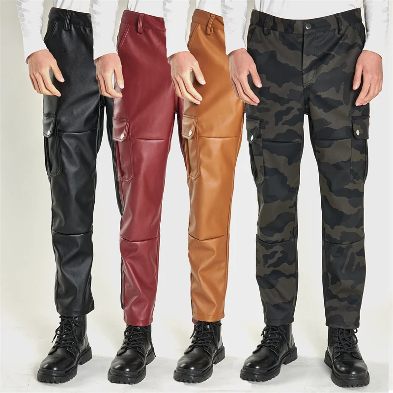 New Men Multi-pocket Camouflage PU Faux Leather Trousers Fashion Men's Daily Waterproof and Dirt-resistant Biker Trousers