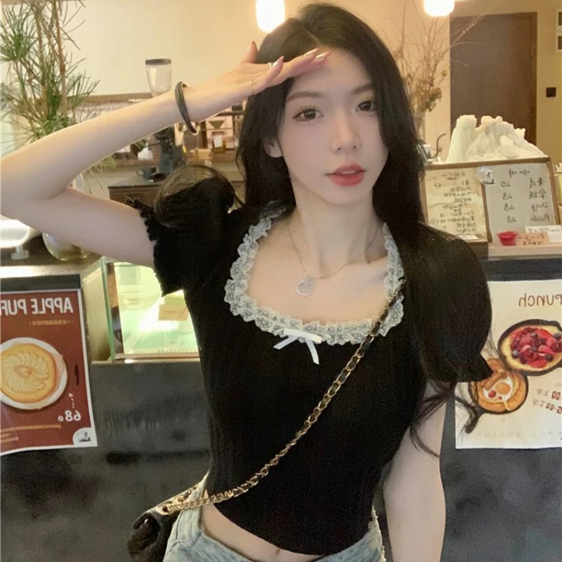 Black T-shirts Women Puff Sleeve Slim Chic Summer Aesthetic Lace Designed Vintage Crop Tops Leisure Elegant Lady Daily All-match