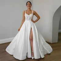 SoDigne, vestidos de novia de satén de línea A para mujer, Apliques de encaje, vestido de novia con abertura lateral, vestidos de novia para fiesta de boda personalizados
