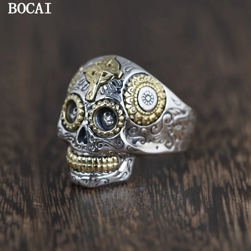 BOCAI NEW S925 Sterling Silver Retro  Carved  Cross Sunflower skull  Ring Male