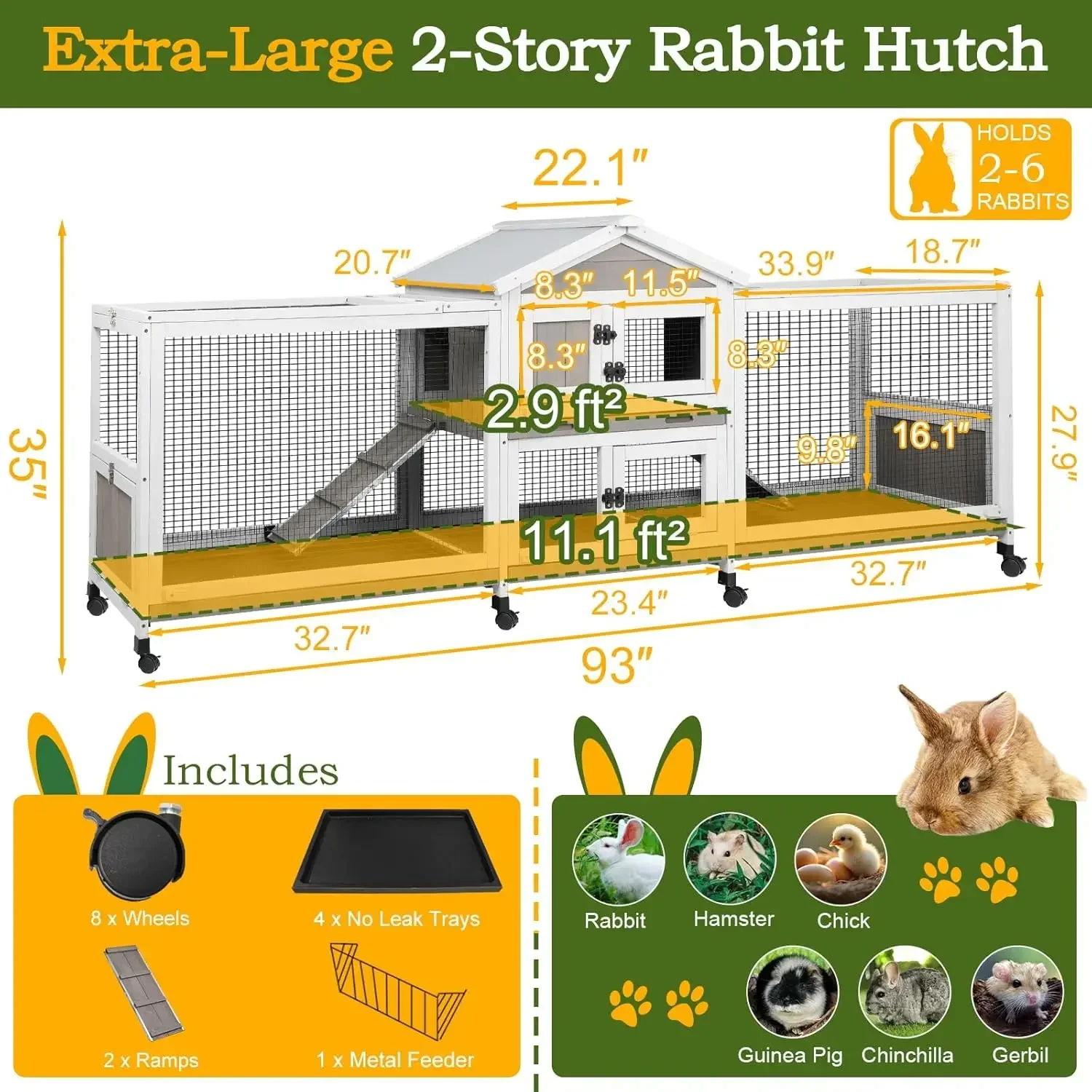 Large Outdoor Indoor Double Bunny Cage Dual Side Runs 2 Story Wooden Hutch With Four Leak Proof Trays Eight Wheels Waterproof Ro