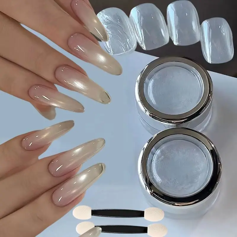 1box Mirror Bright Plating White Chrome Nail Powder High Glossy Moonllight Nail Glitter Pigment Aurora Pearl Rubbing Dust  0.3g