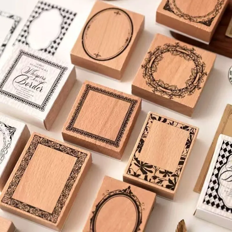 Sello de Madera con Marco Ovalado Cuadrado y Diseño Floral Vintage para Manualidades, Tarjetas, Etiquetas, Scrapbooking y Decoración