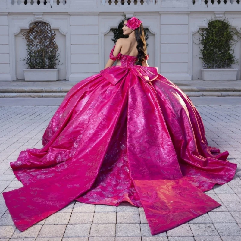 Rose Red Shiny Quinceanera Dresses Off The Shoulder Sequin Applique Lace Beading Crystal Bow Tiered Tull Corset Party Birthday