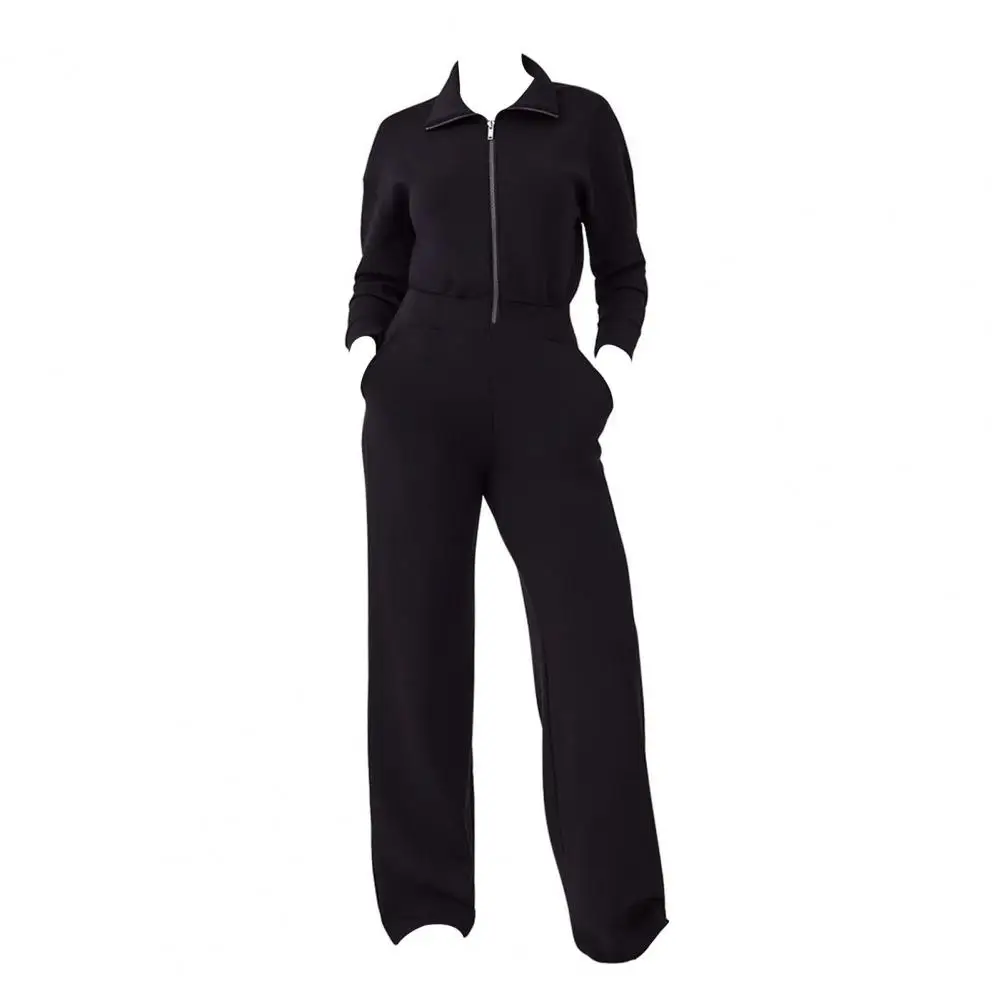 Loose Fit Jumpsuit Cozy Solid Color Wide Leg Jumpsuit with Lapel Zipper Closure Pockets for Women Warm Winter Lady Jumpsuit