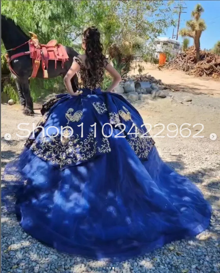 Navy Blue Mexican Charro Quinceanera Dresses Off Shoulder Bustle Corset Gold Embroidery Princes Sweet 15 vestido formatura azul