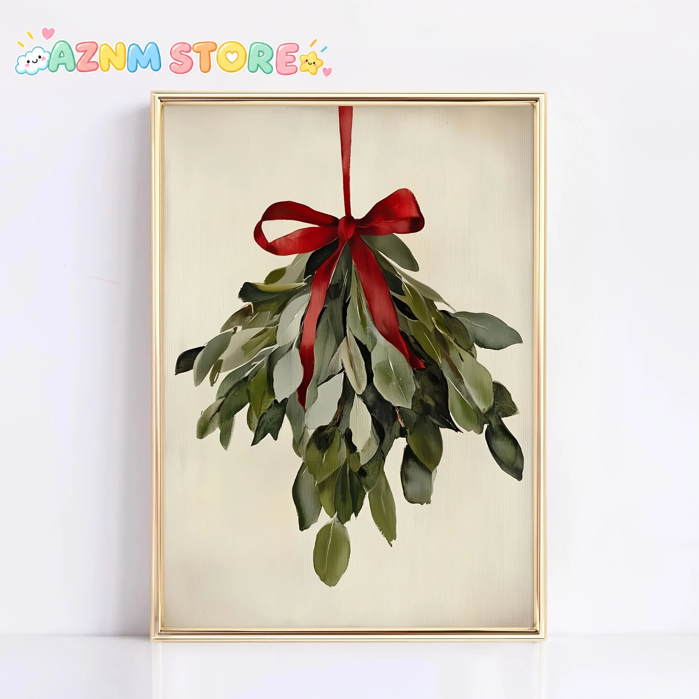 1PC 2D Flat  A Frameless Canvas Poster Featuring Vintage Art, a Christmas Bow And Mistletoe Print, Perfect for Holiday Decora