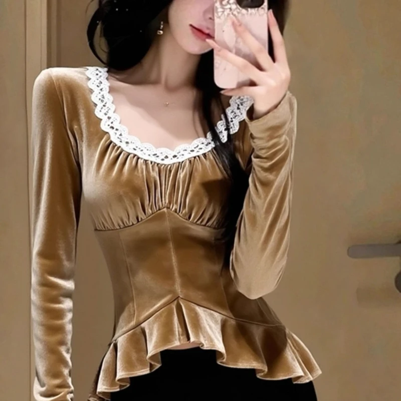

Spring Fall Women Vintage Lace Patchwork Plated Ruffles Irregular Khaki Velvet Top Shirt , Slim Velour Tops Shirs for Woman