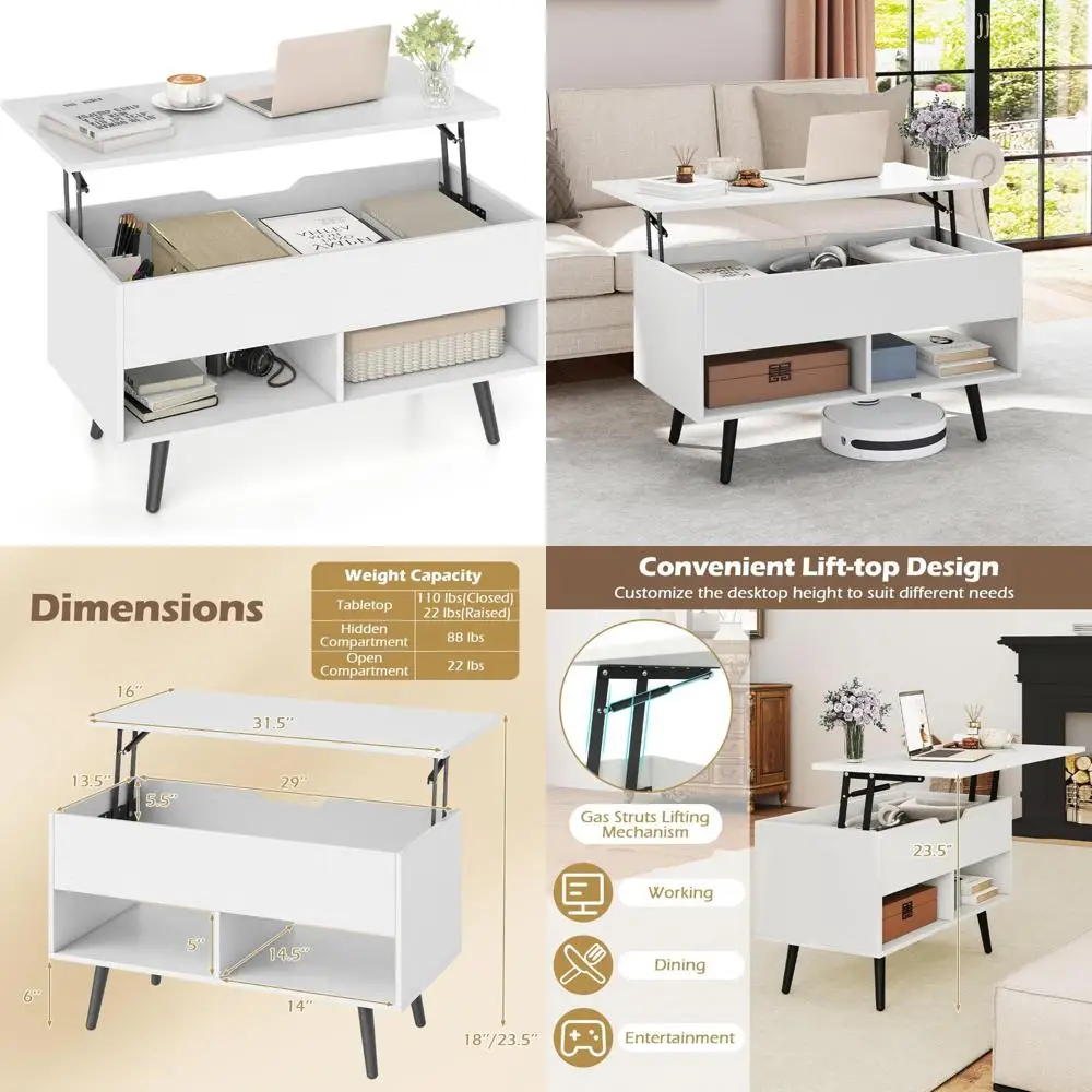 

Modern Flip Top Coffee Table with Hidden Storage and 2 Shelves, Wooden Pull, Contemporary Living Room Furniture