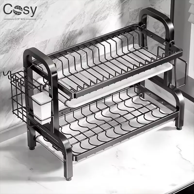 Kitchen Drain Rack for Bowl, Dish Drying Rack Stainless Steel 2-tier Dishes Rack Drainboard Dish Drainer with Utensil Holder