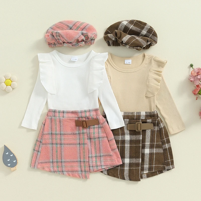 

Fashion Children Kid Girl Fall Winter Outfits Solid Ribbed Knit Ruffles Crew Neck Long Sleeve Tops Plaid Skirts Hat 3pcs Clothes